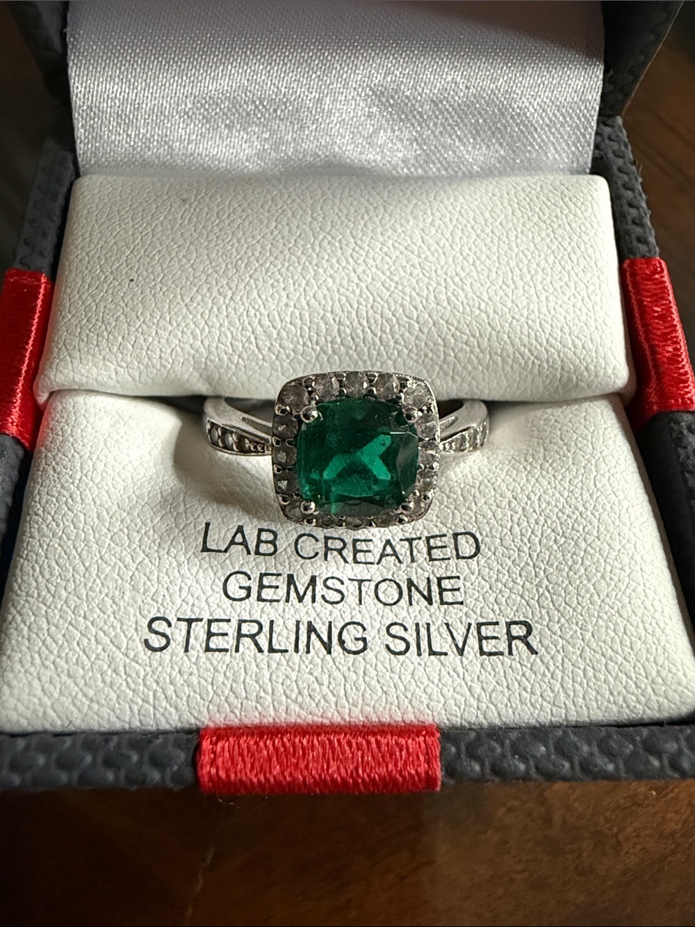 Sterling Silver Emerald Halo Ring - Lab Created Emerald and White Sapphires -new